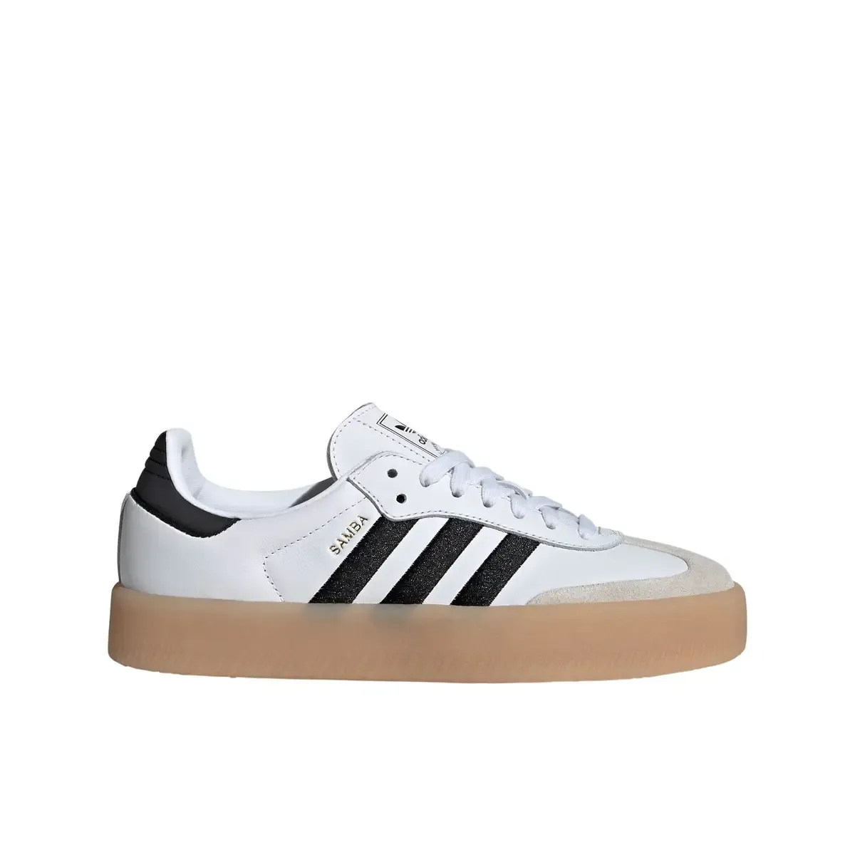Side view of a white Adidas Samba sneaker with black stripes and gum sole